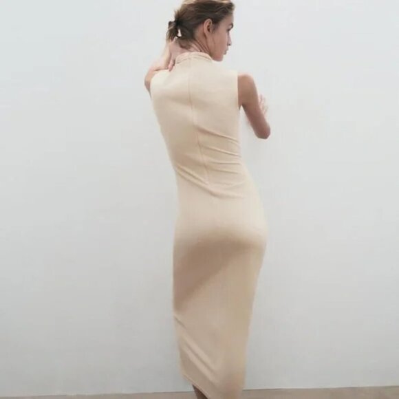 Zara Soft Draped Midi Dress Cream Size Large - Picture 5 of 10